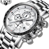 LIGE Silver Big Dial Watch Men Sport Quartz Clock Fashion Men Watches