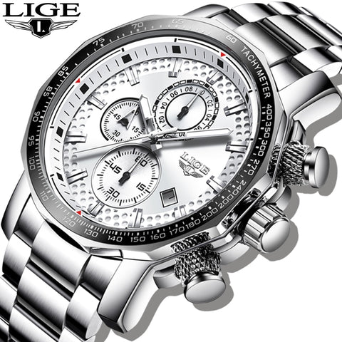 LIGE Silver Big Dial Watch Men Sport Quartz Clock Fashion Men Watches