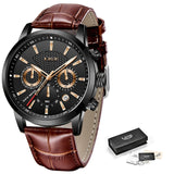 2021 LIGE Men Watches Brand Luxury Black Leather Waterproof Sport