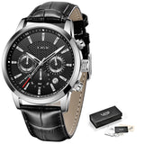 2021 LIGE Men Watches Brand Luxury Black Leather Waterproof Sport