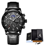 2021 LIGE Men Watches Brand Luxury Black Leather Waterproof Sport