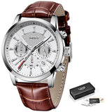 2021 LIGE Men Watches Brand Luxury Black Leather Waterproof Sport
