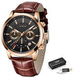 2021 LIGE Men Watches Brand Luxury Black Leather Waterproof Sport
