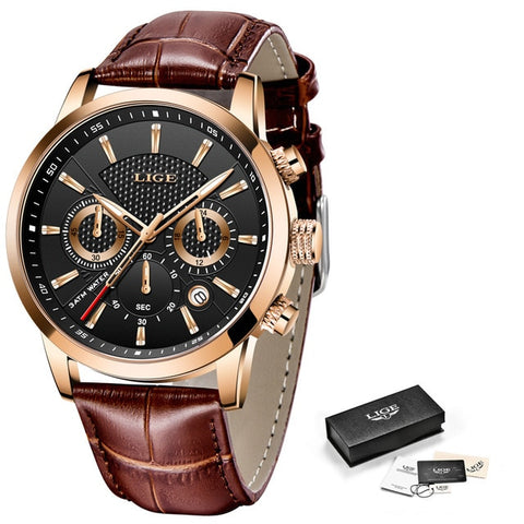 2021 LIGE Men Watches Brand Luxury Black Leather Waterproof Sport