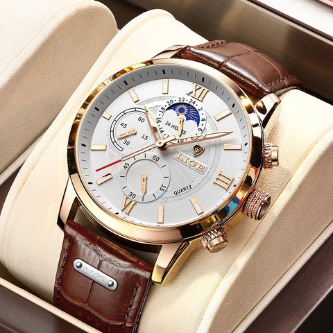 LIGE Men Watches 2021 New Fashion Leather Waterproof Luminous