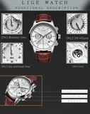 LIGE Men Watches 2021 New Fashion Leather Waterproof Luminous
