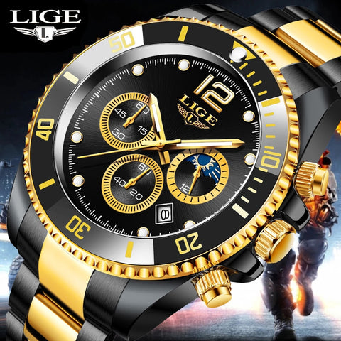 LIGE Watches Mens Top Brand Luxury Clock Casual Stainless Steel 24Hour