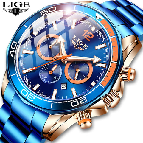 2021 New Fashion Blue Mens Watches LIGE Top Brand Luxury