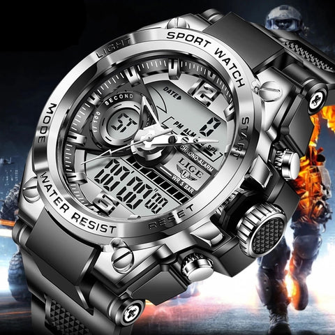 LIGE Digital Men Military Watch 50m Waterproof Wristwatch LED Quartz