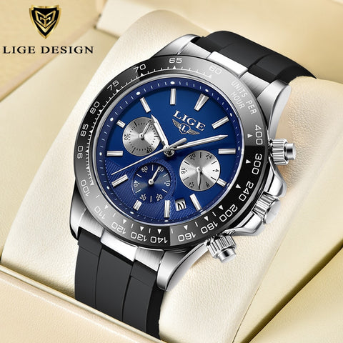 LIGE Luxury Brand Men Casual Quartz Watch Silicone Strap Military